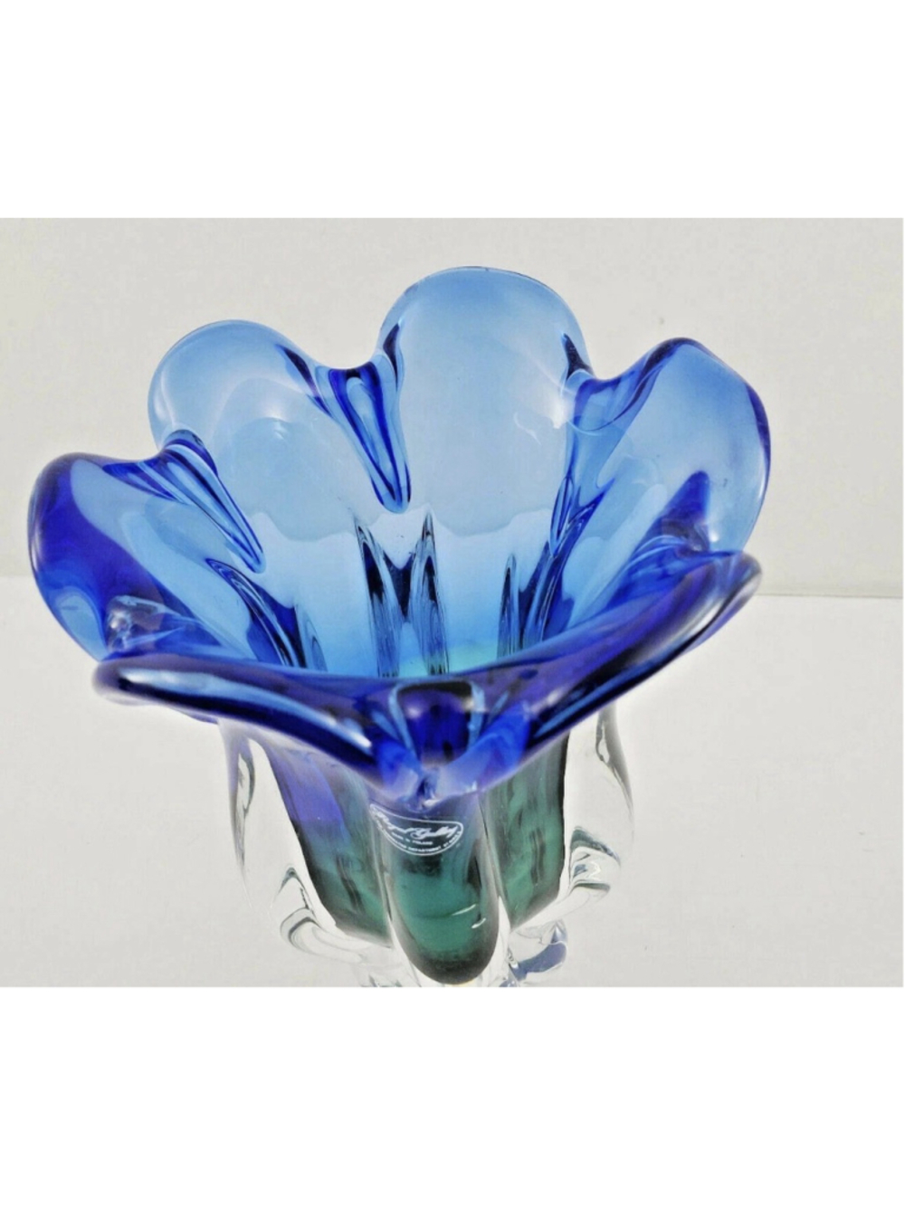 Royal Gallery Poland Lead Crystal Green Blue & Clear 9 1/2" Lotus Vase 1995-2008